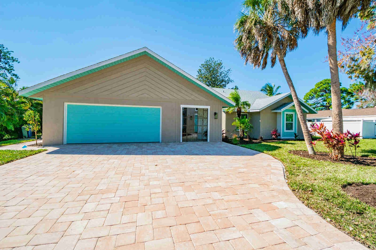 avenida madera exterior teal garage door and walkway