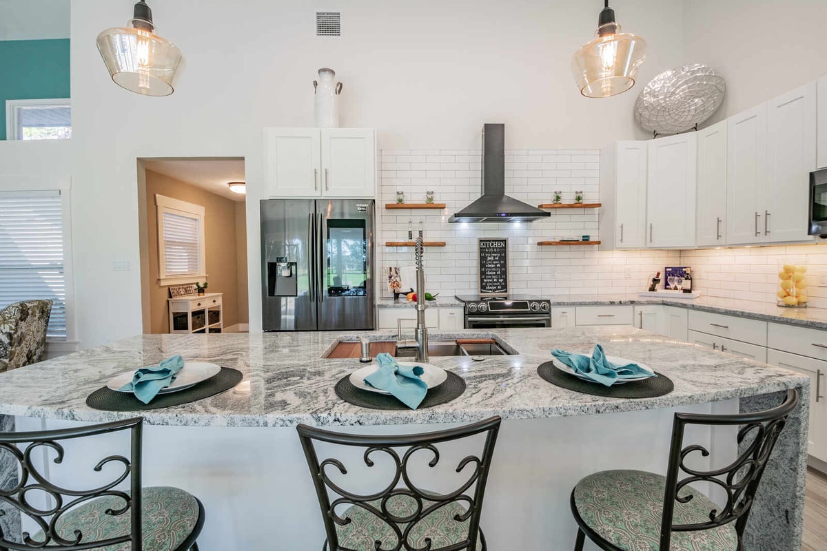 avenida madera kitchen island with bar stools and fridge