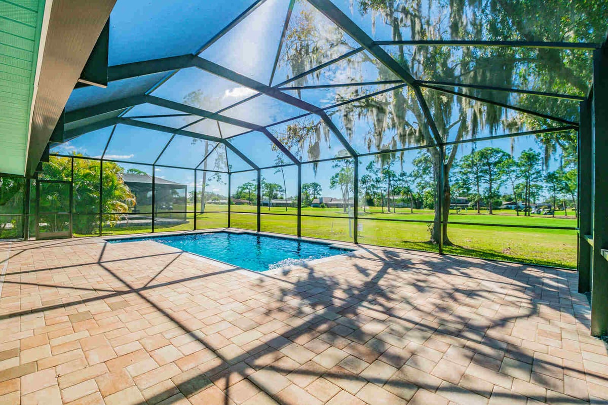avenida  madera screened pool with golf course view wide angle