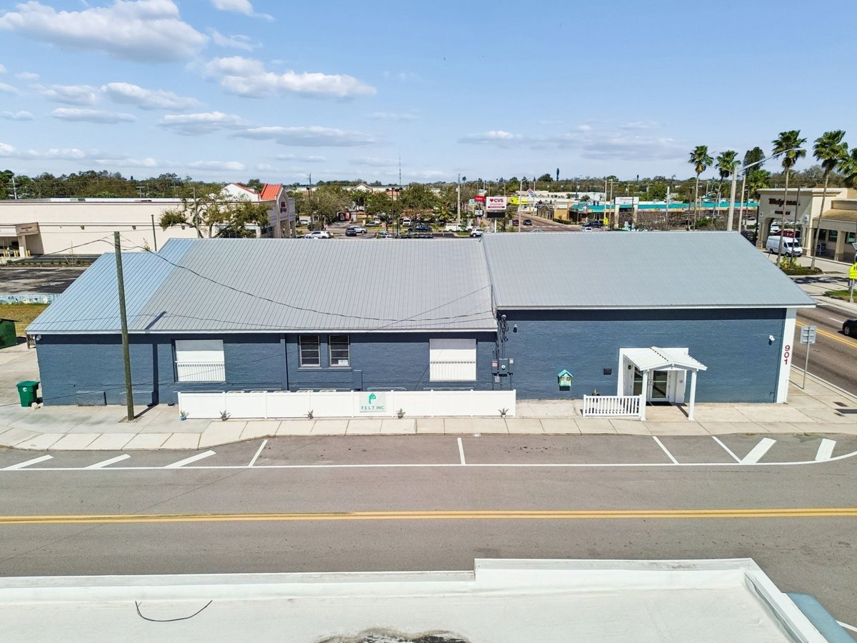 Palmetto Commercial Building Aerial Front Elevation Metal Roof