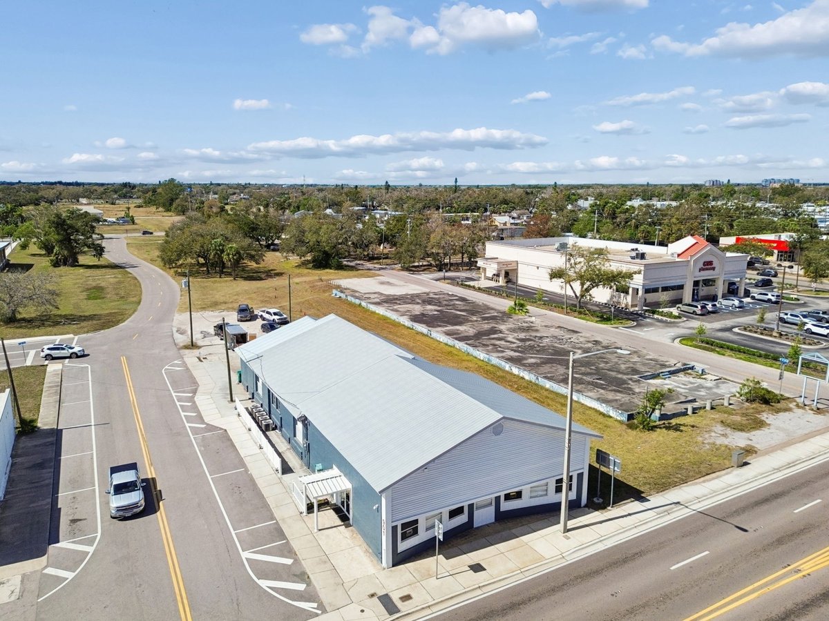 Palmetto Commercial Building Aerial Side View Metal Roof Corner Intersection
