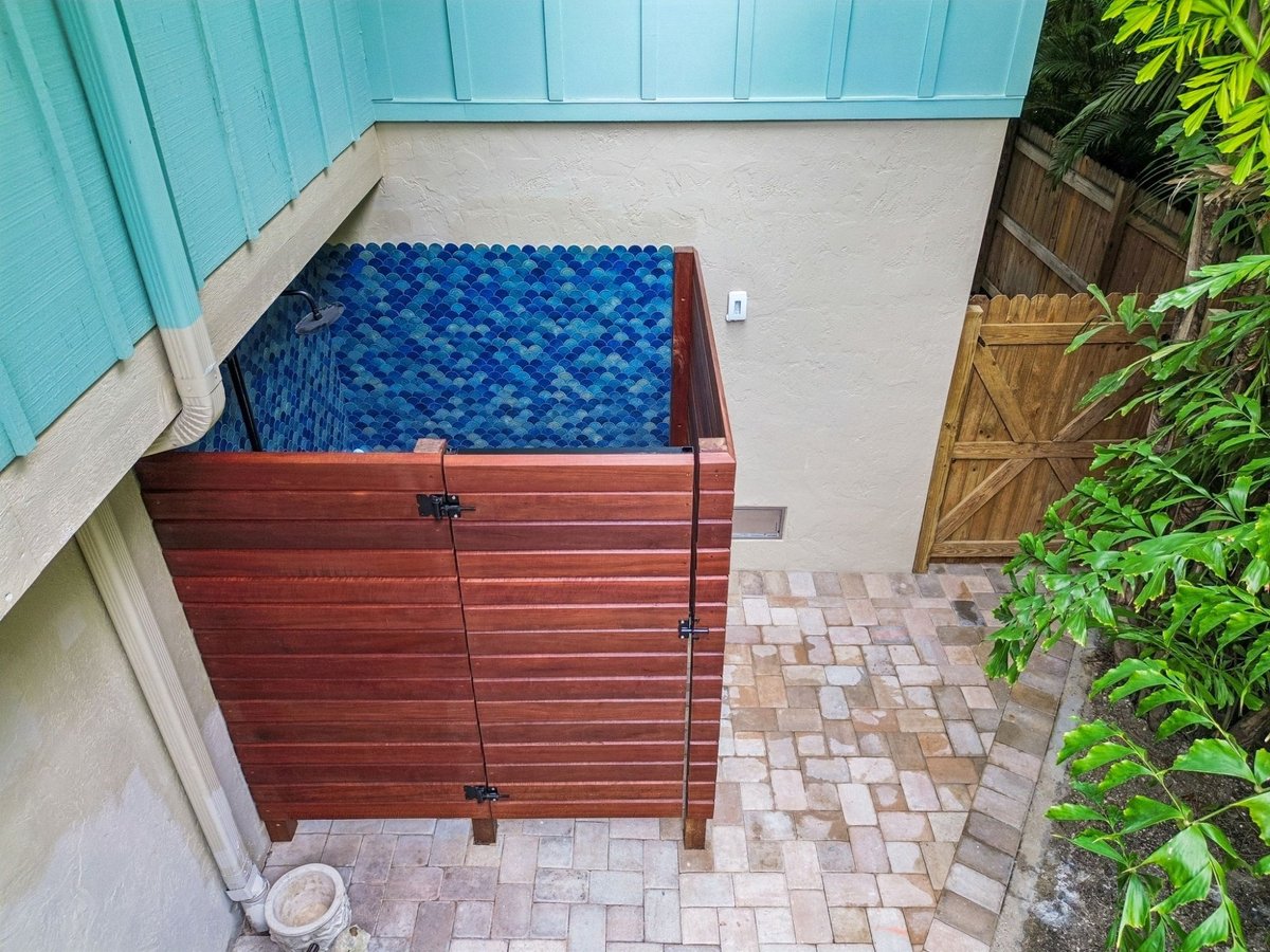 Exterior Outdoor Shower Blue Scallop Tile Cedar Wood