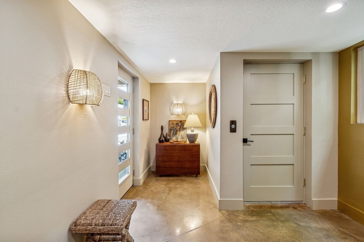 Interior Ground Floor Foyer Polished Concrete Woven Sconce Console Table