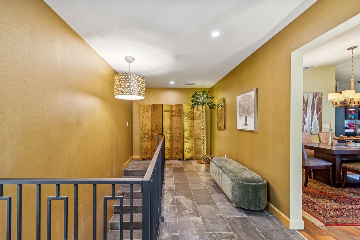 Interior Upper Hallway Gold Screen Panel Velvet Bench