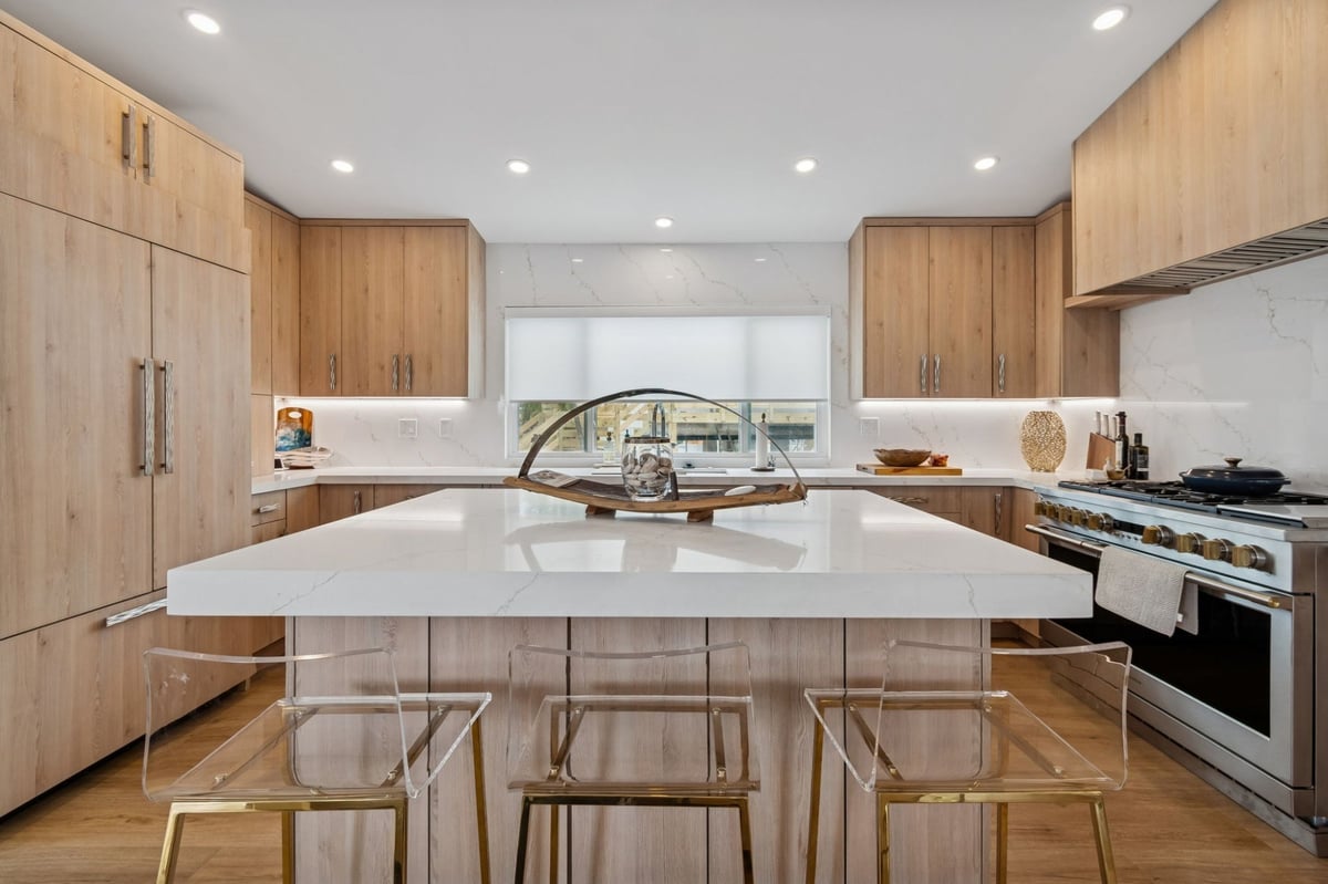 Interior Kitchen Island Gas Range Wood Cabinets Quartz