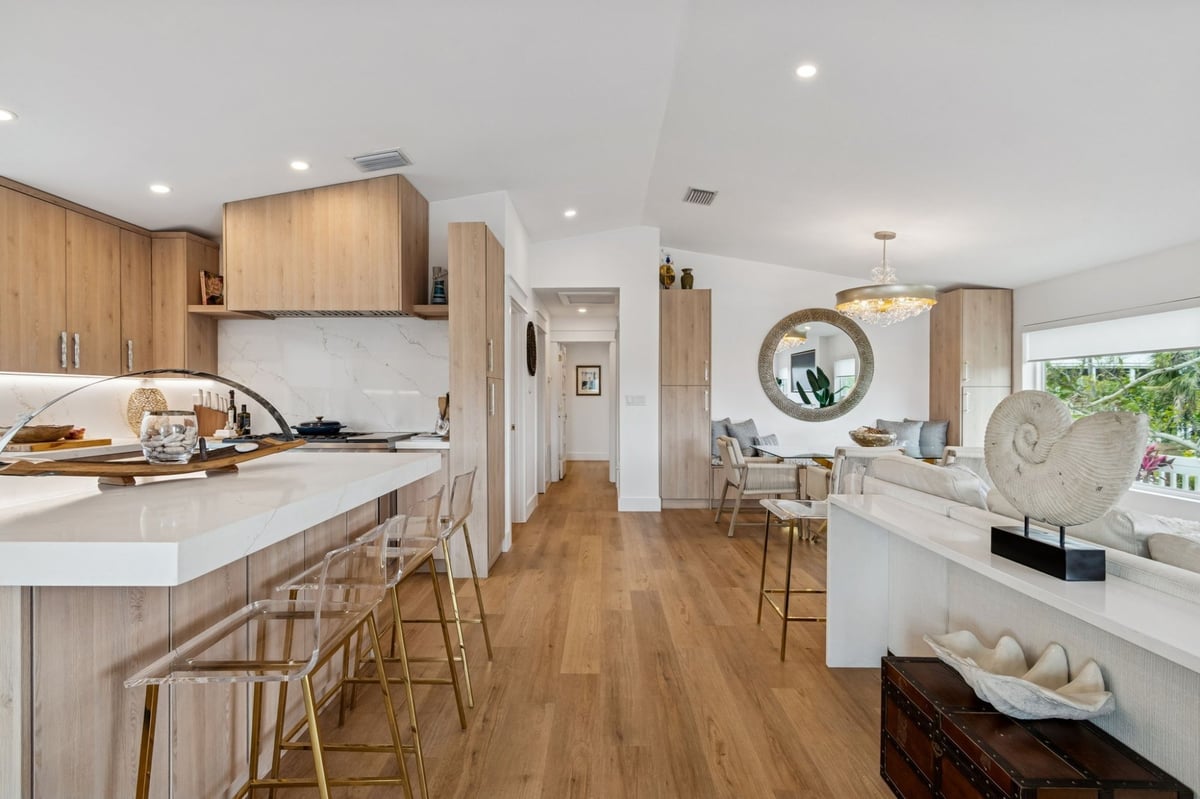 Interior Kitchen Island Bar Seating Open To Living Dining Room