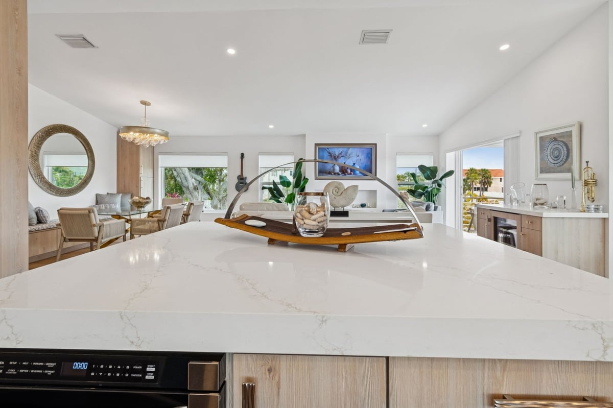 Interior Kitchen Island View Toward Dining Living Room Coastal Decor