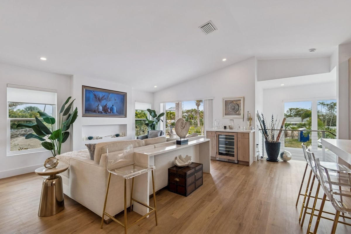 Interior Living Room Sectional Sofa Wine Fridge Bar Coastal Tropical Views