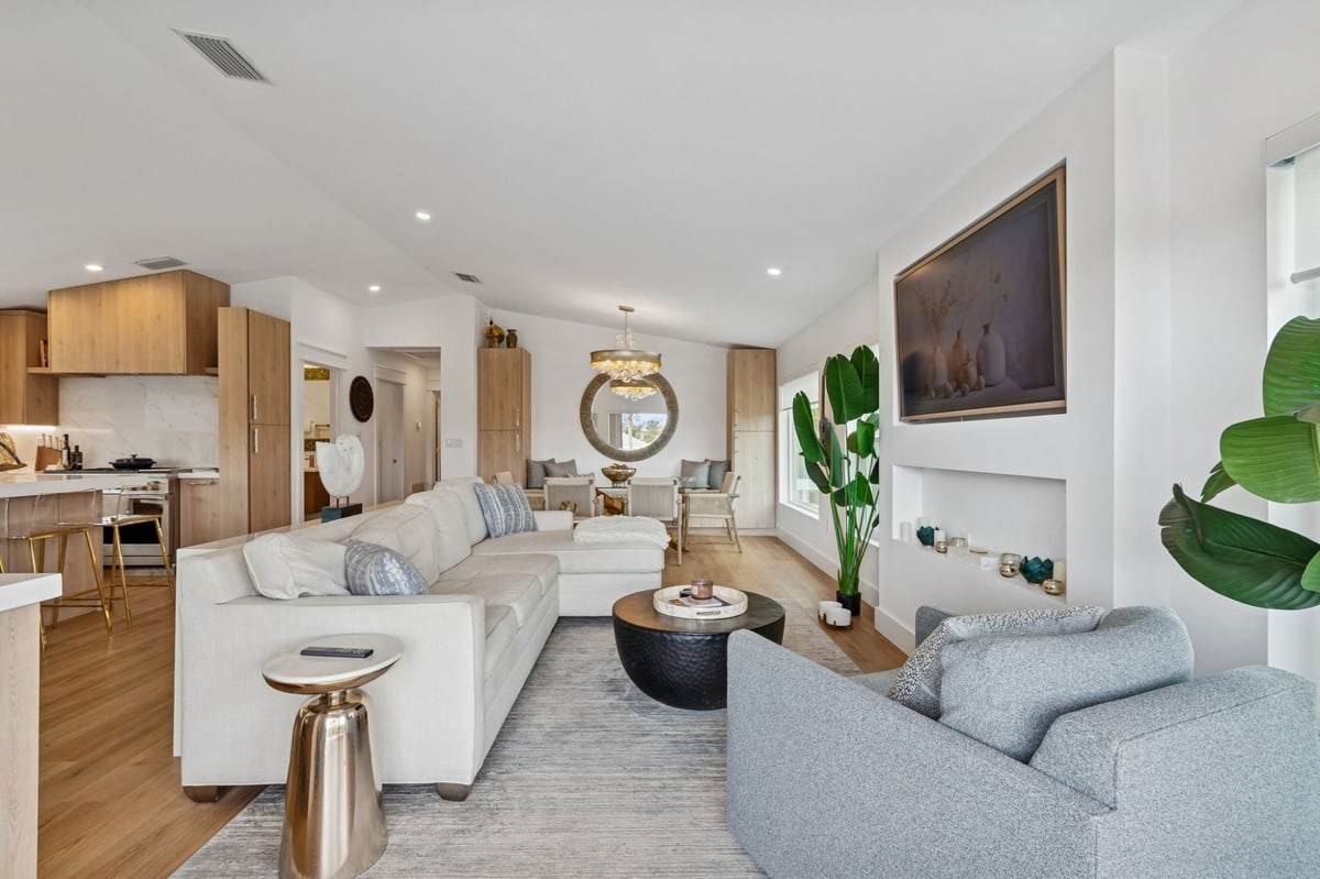 Interior Living Room Wide View Sectional Sofa Kitchen